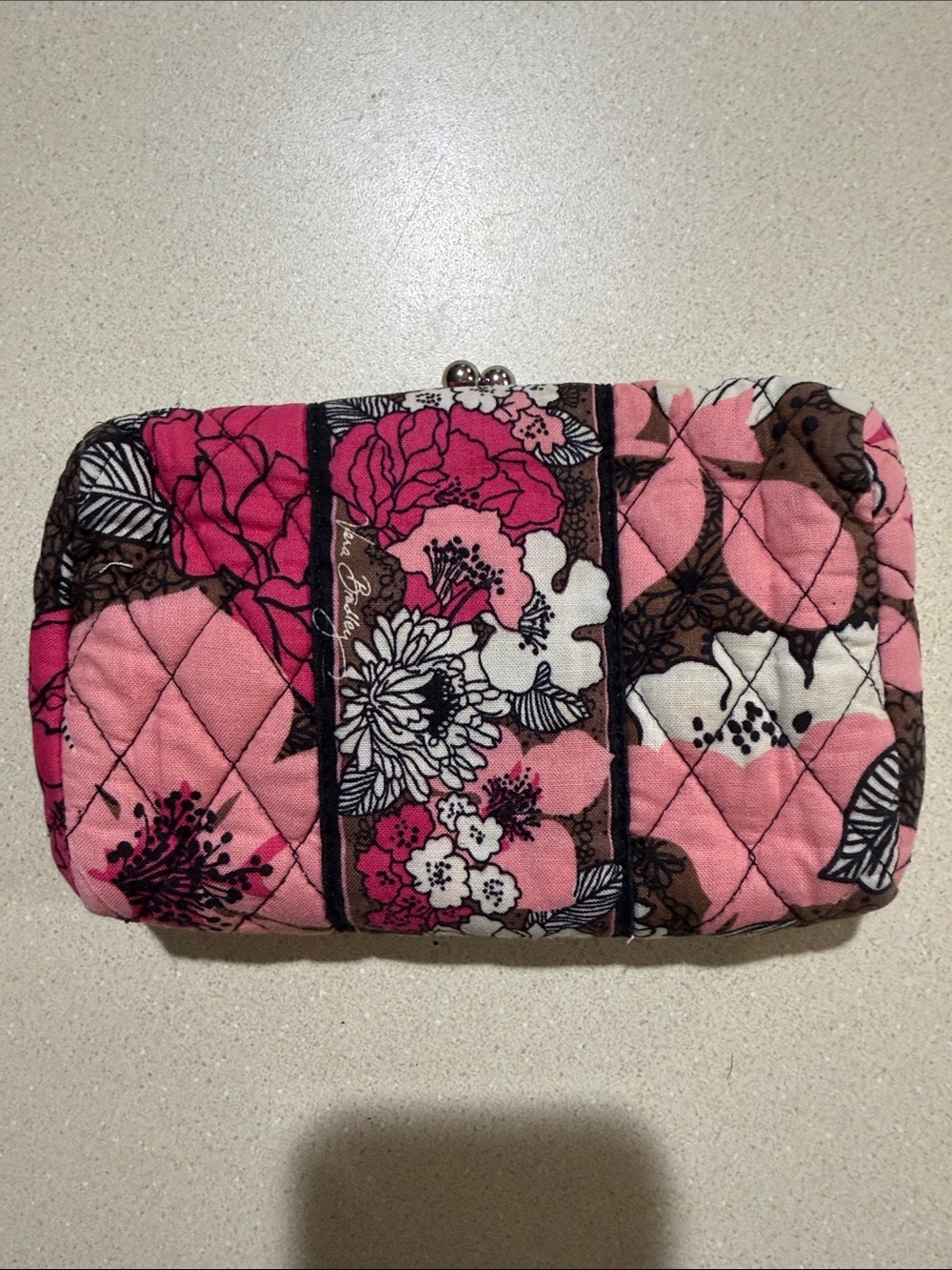 Vera Bradley Pink Floral Quilted Kiss-Lock Cosmetic Pouch